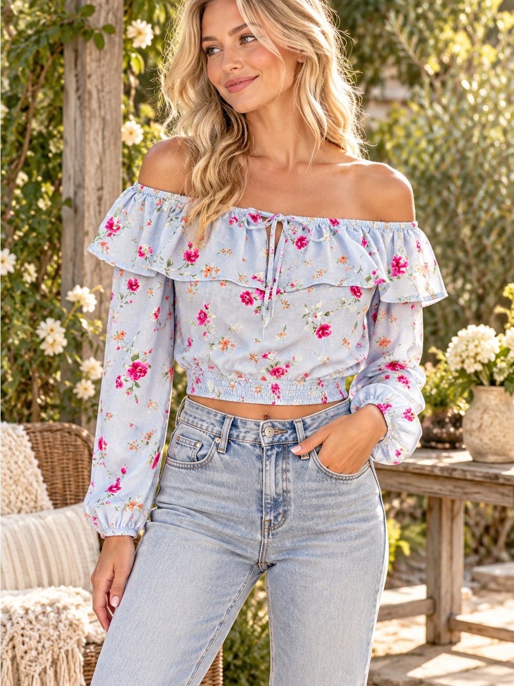 Floral Off-Shoulder Ruffle Crop Top - Light Blue